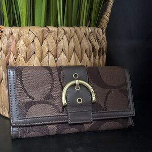 Coach Signature Brown Canvas Wallet with Brass Ring Detail